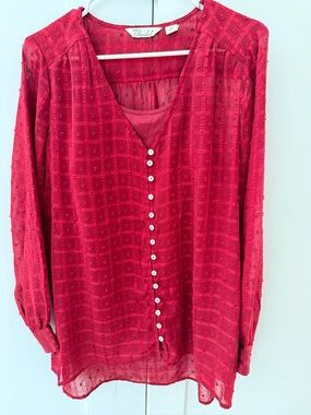 AFF Burgundy Sheer Button-Front Blouse with Built-In Cami